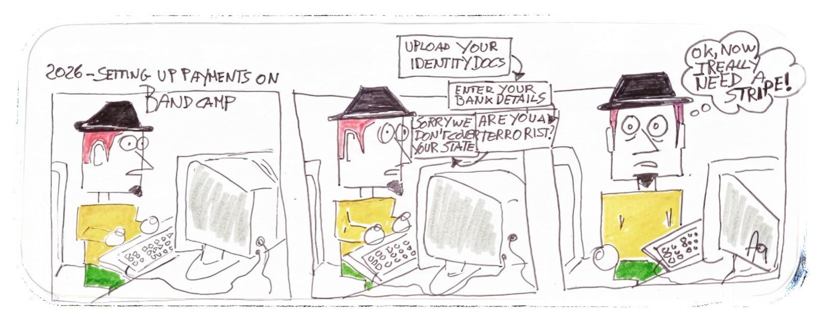 Vignetta satirica originale sulle difficoltà burocratiche di Bandcamp nel 2026: un musicista rassegnato affronta richieste di documenti, dati bancari e controlli anti-terrorismo per configurare i propri pagamenti.
